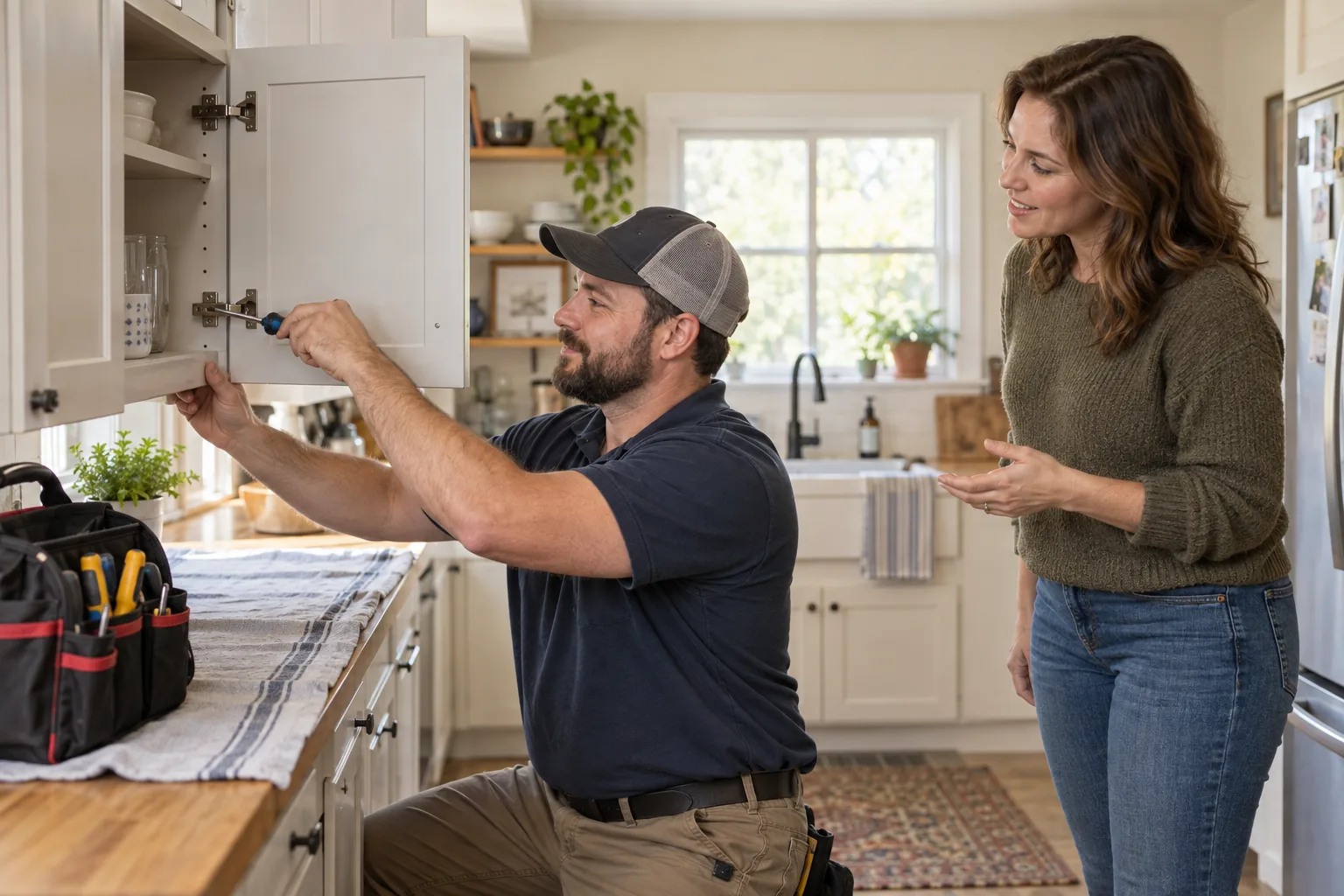 A handyman adjusts a kitchen cabinet hinge while the homeowner observes.